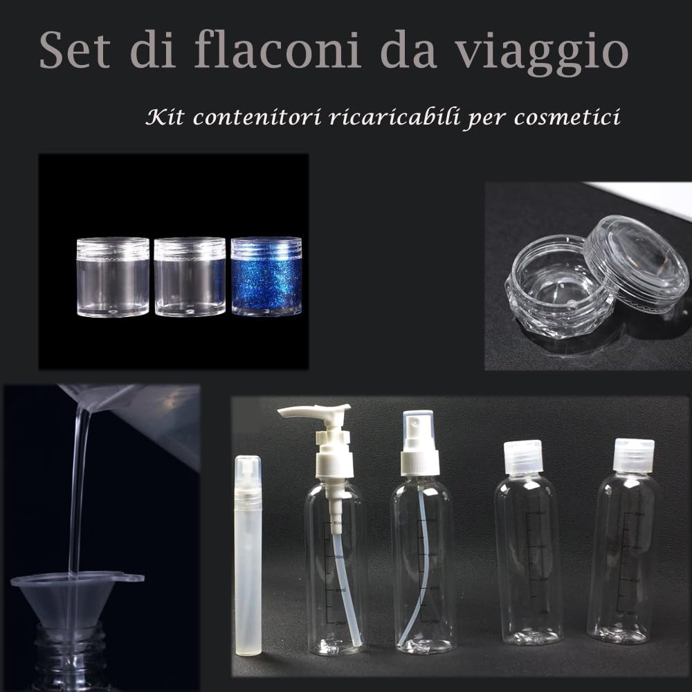 Set Borsa da Toilette Trasparente e Bottigliette da Viaggio per Aereo, Contenitori per Liquidi, Beauty Case da Viaggio, Trousse Trasparente, Busta e 8 Pcs Bottiglie Set per Cosmetici, Kit da Aereo