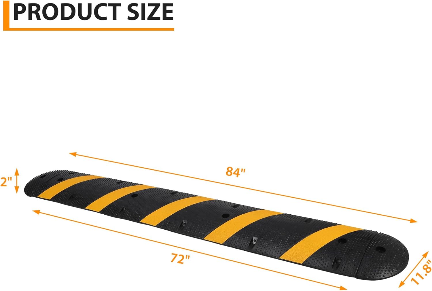 7FT Heavy Duty Rubber Speed Bump with 2 Cable Channels, 1 Pack Modular Traffic Hump & Cable Protector Ramp for Asphalt Concrete Gravel Driveway, Includes 2 End Caps and 8 Spikes