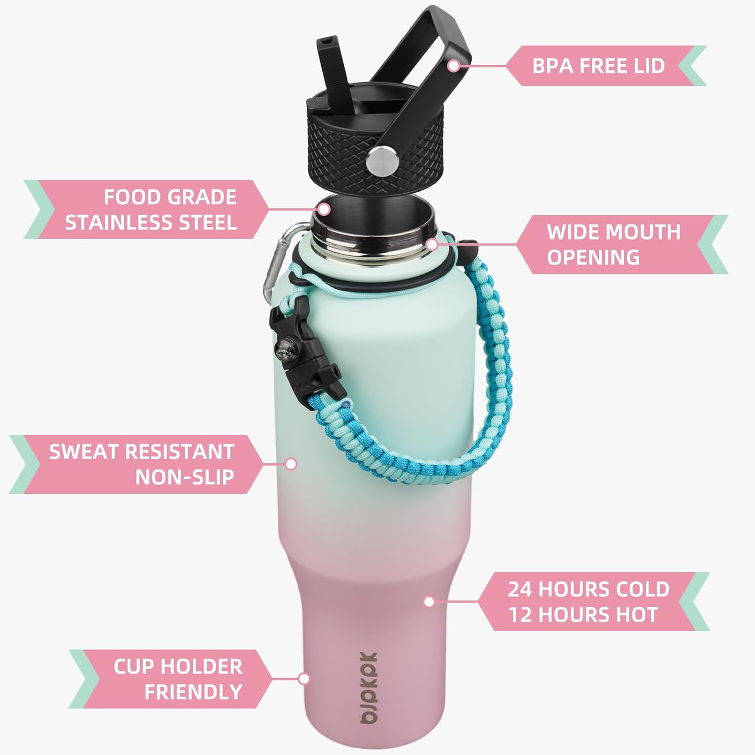 BJPKPK Insulated Water Bottles with Straw Lid, 35oz Metal Water Bottle with 2 lids & Paracord Strap, Double Wall Stainless Steel Vacuum Tumblers, Cups, Mugs, Thermo for Hot& Cold Drinks, Marshmallow - Image 2