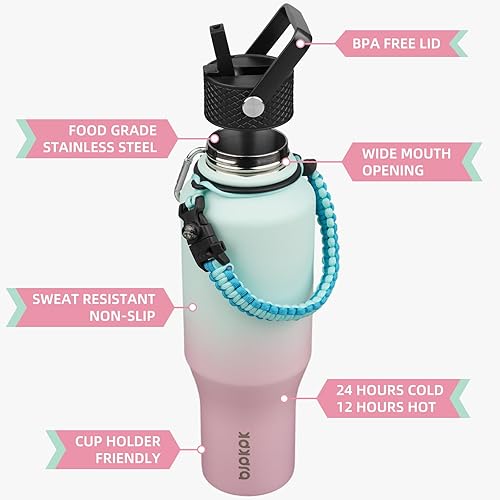 Miniatura 2 de BJPKPK Botellas de agua aisladas con tapa con pajilla, botella de agua de metal de 35 onzas con 2 tapas y correa de paracaídas, vasos de acero
