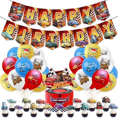 5 peças de decoração de festa de aniversário New Cars para festa de criança, festa de rapaz, inclui bandeirinha de aniversário, balões, pequenas inserções,