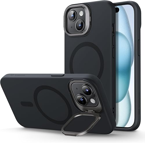 ESR Funda para iPhone 15, funda de silicona MagSafe con soporte, protección de grado militar, soporte integrado para cámara, funda magnética para