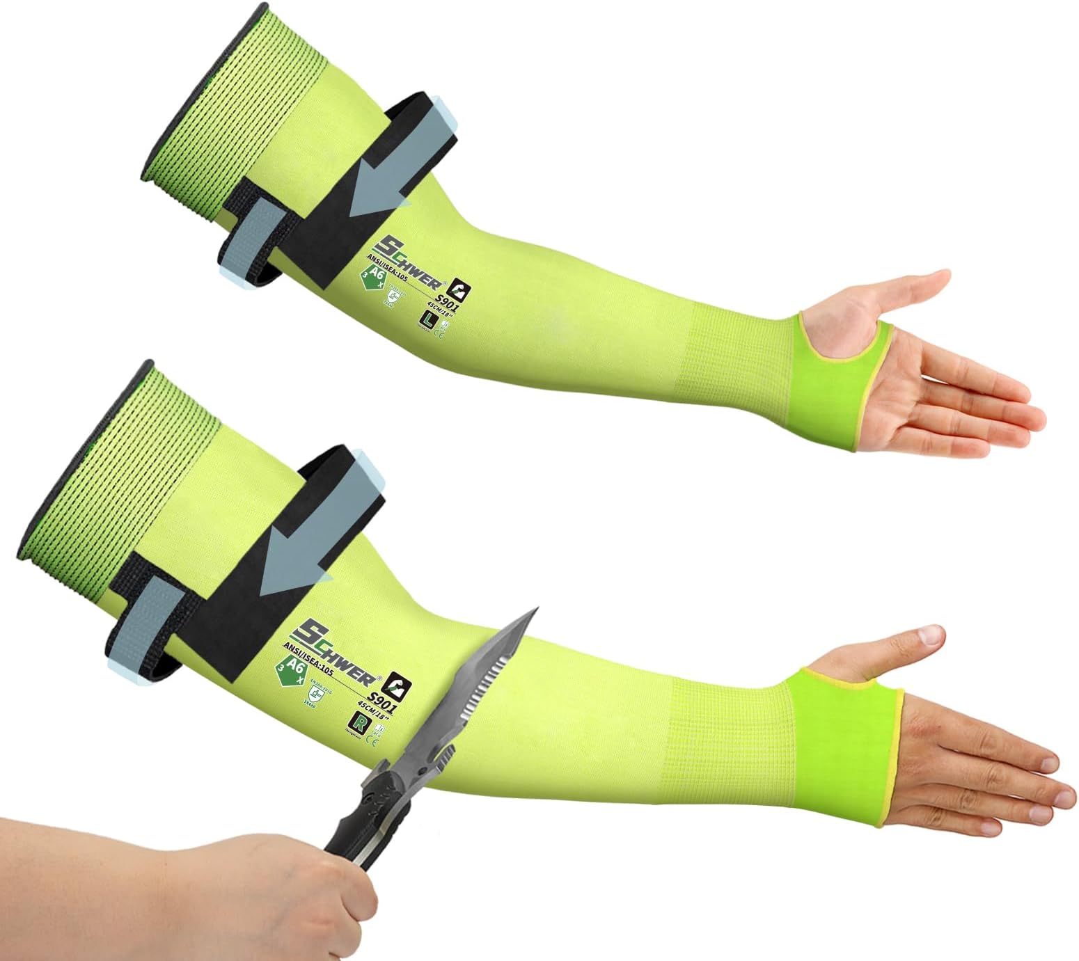 Schwer ANSI A6 Cut Resistant Sleeves, 18 inch Protective Arm Sleeves with Thumb Hole for Arm Work Protection, Arm Guards for Gardening, Cutting Metal, Repairing, Kitchen, Pet Grooming (1 Pair, Yellow)