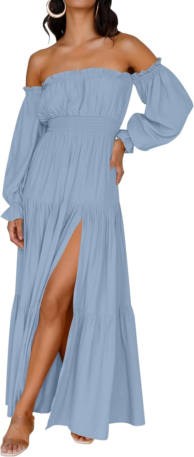 ZESICA Women's Boho Off Shoulder Spring Long Sleeve Dress 2026 High Waist Side Split Sexy Flowy A Line Long Maxi Dresses