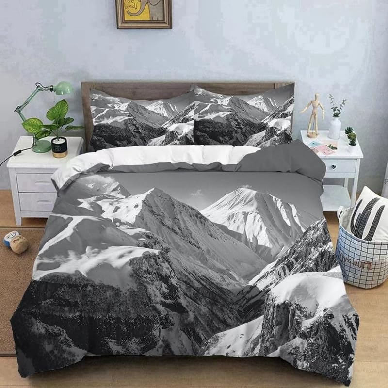 Housse de couette 220x240 montagne grise anti-plis en microfibre douce pour lit adulte sans repassage