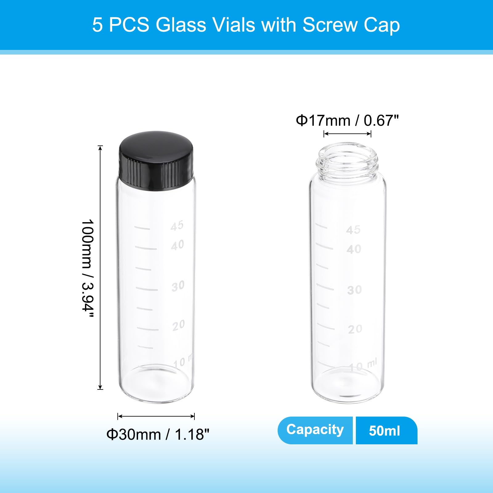 PATIKIL Lot de 5 petits flacons d'échantillons en verre transparent de 50 ml avec bouchons à vis noirs, mini flacons scellés pour réactif anti-fuite avec échelle pour le stockage de poudre liquide