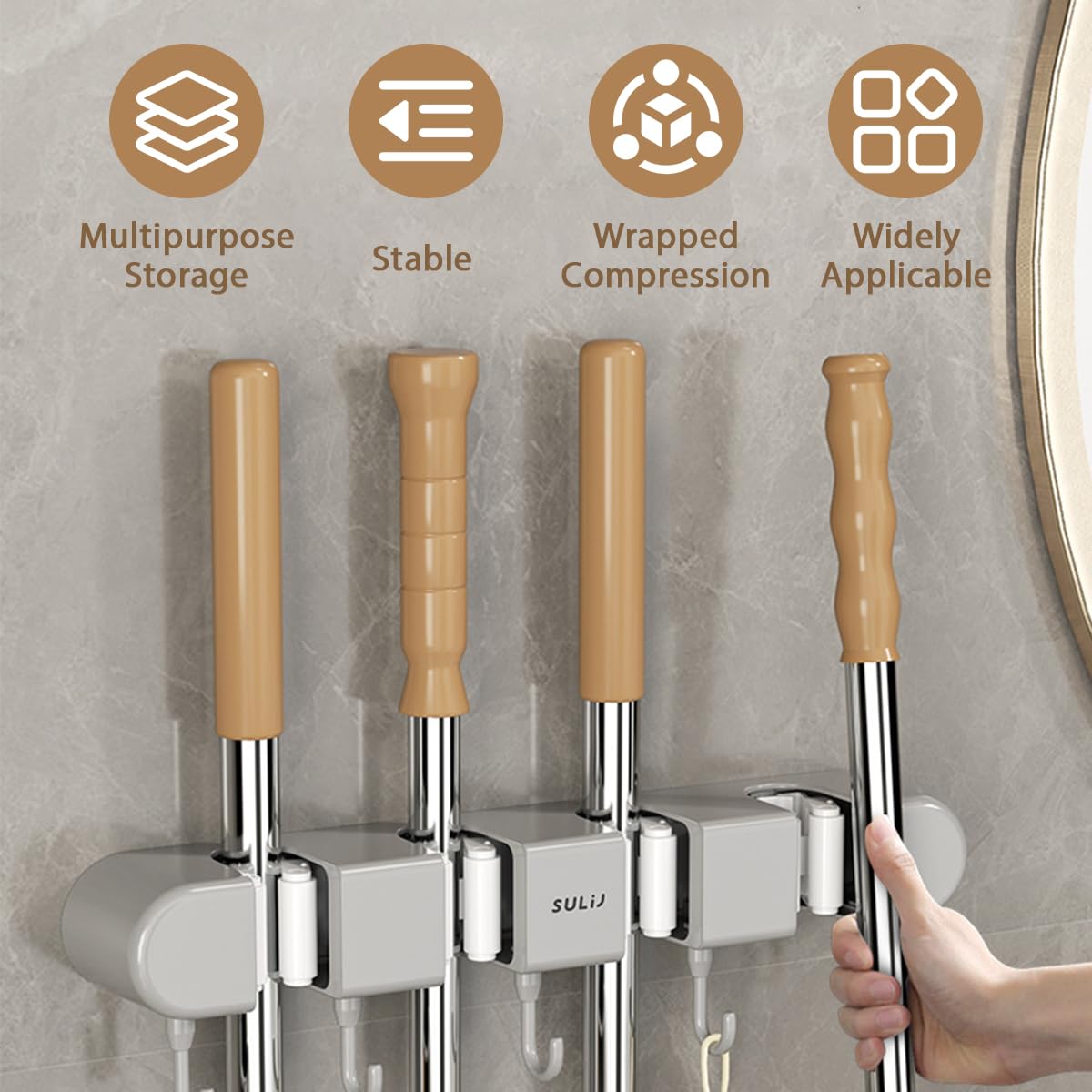 ZLHETWT 2Pcs Broom Holder, Mop Holder, Mop and Broom Organizer 4 Slots Mop Clip Holder Free Mop Organizer with 5 Hooks Effective Wall Broom Holder for Home