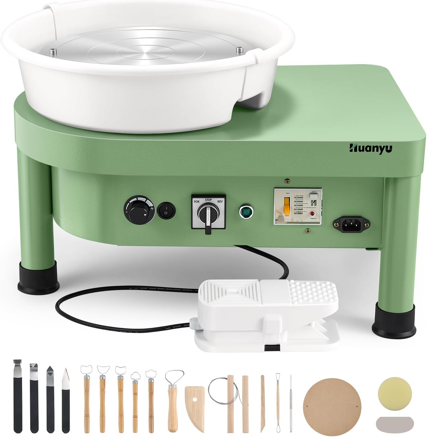Huanyu Pottery Wheel Machine, 12-Inch Bat System Manual & Foot Pedal Control Electric Ceramic Wheel Forming Machine Art Clay DIY Sculpting Tool Kit (Green)