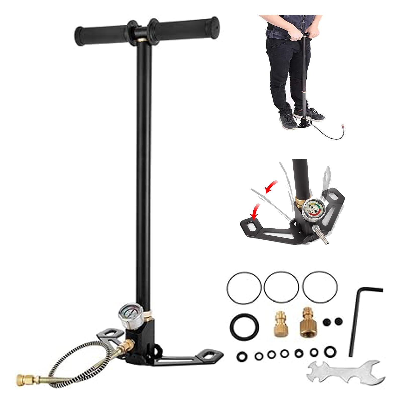 3 Stage Stirrup Charger PCP Hand Pump Gas Filter Gauge Air Gun Rifle Airrifle 4500psi Air Gun Rifle Seal Folding Filling Stirrup Charger Tire Inflator Pump for Camping Automobiles and Motorcycles