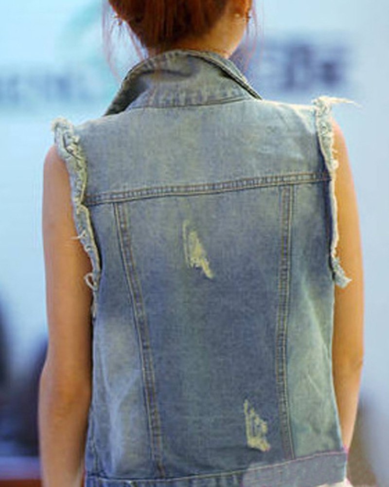 Donna Giacca Denim Senza Maniche Gilet in Jeans Slim Fit Lavaggio Colore Chiaro Strappati Giubbotto in Jeans Blu S