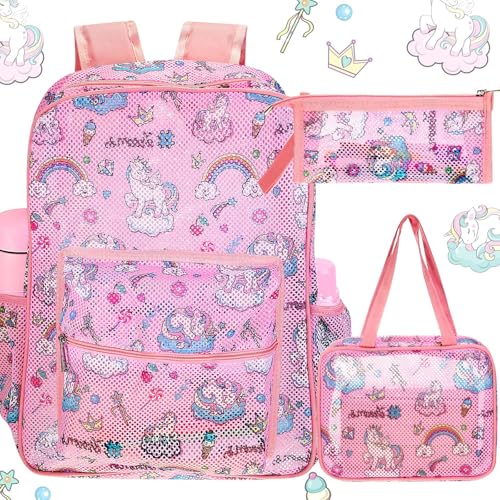 Image of Silkfly 3 Pcs Mesh Backpack Set, Heavy Duty Semi-transparent Bookbag with Lunch Bag Pencil Case for Travel, Beach, Sports