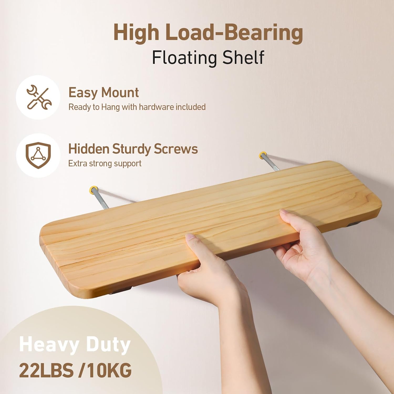 Wooden Floating Shelves for Wall, 15.7" W x 6" D x 0.6" H Large Wall Shelves, Hanging Storage Shelf with Hooks for Living Room, Kitchen, Bathroom, Bedroom Decor, Natural, 3 Packs