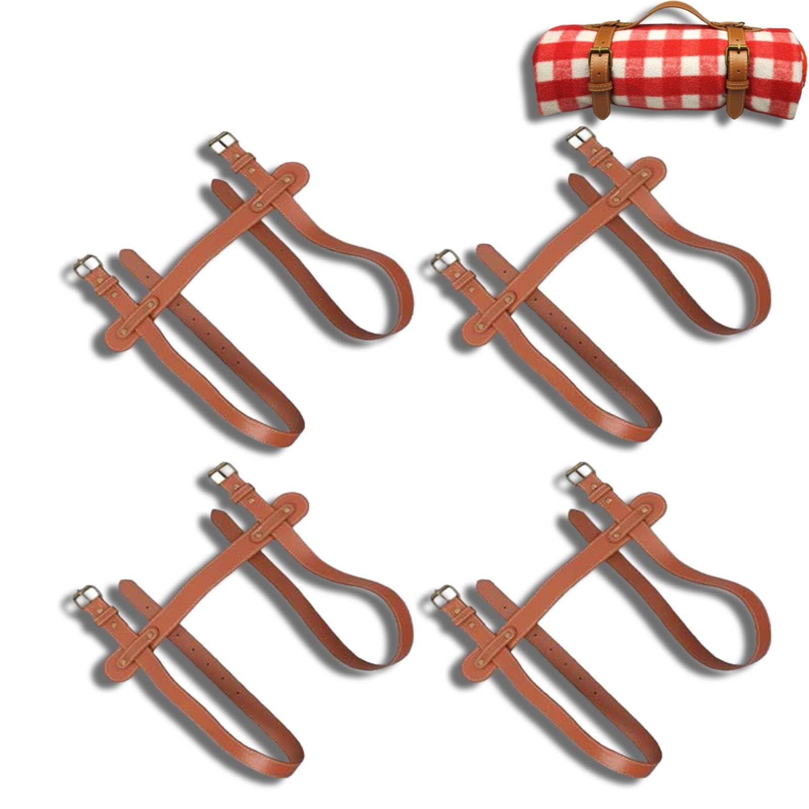 Jwthee Outdoor Picnic Blanket Carry Strap, 4 PCS Adjustable PU Leather Yoga Mat Strap with Handle for Camping Festivals Beaches