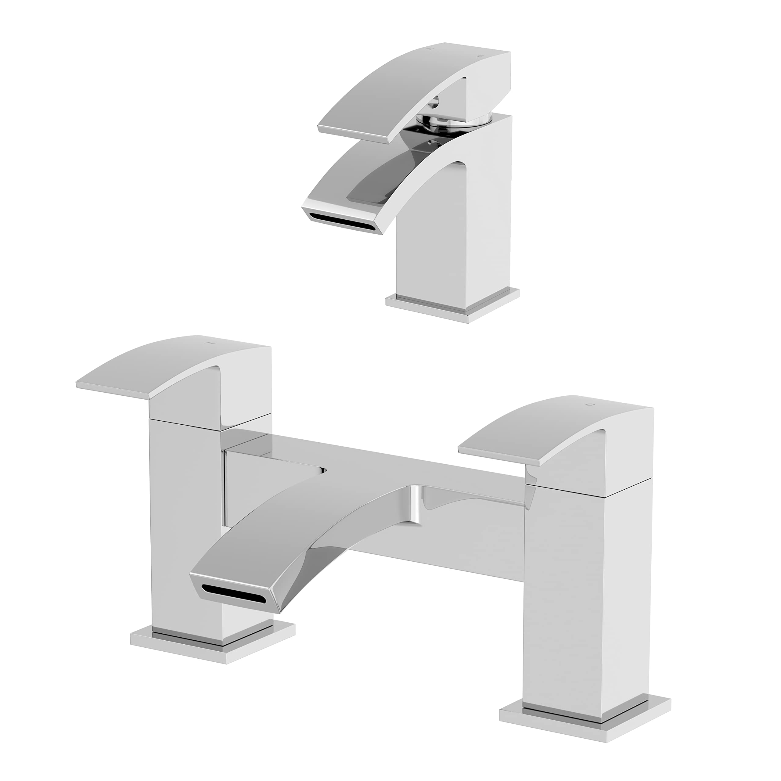 Architeckt Chrome Architeckt® Osmo Bathroom Bath Filler Mixer Tap And Basin Tap Set Deck Mounted Curved Twin Lever Handle Modern,
