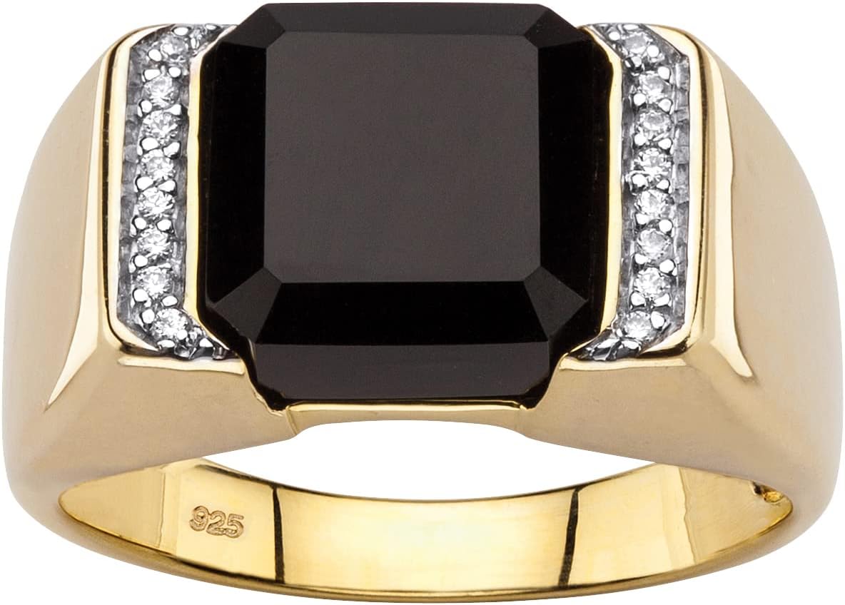PalmBeach Men's Yellow Gold-plated Sterling Silver Cushion Natural Black Onyx and Round Cubic Zirconia Ring Sizes 8-13