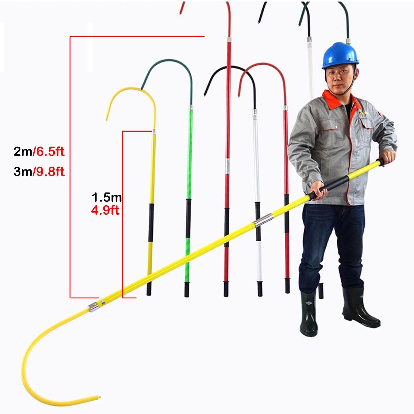 3 m drążek z hakiem, nośność 99 kg, hak elektryczny do naprawy pojazdów nowej energii i pożarów elektrycznych, klasa 10 kV, zielony, 3/3 m