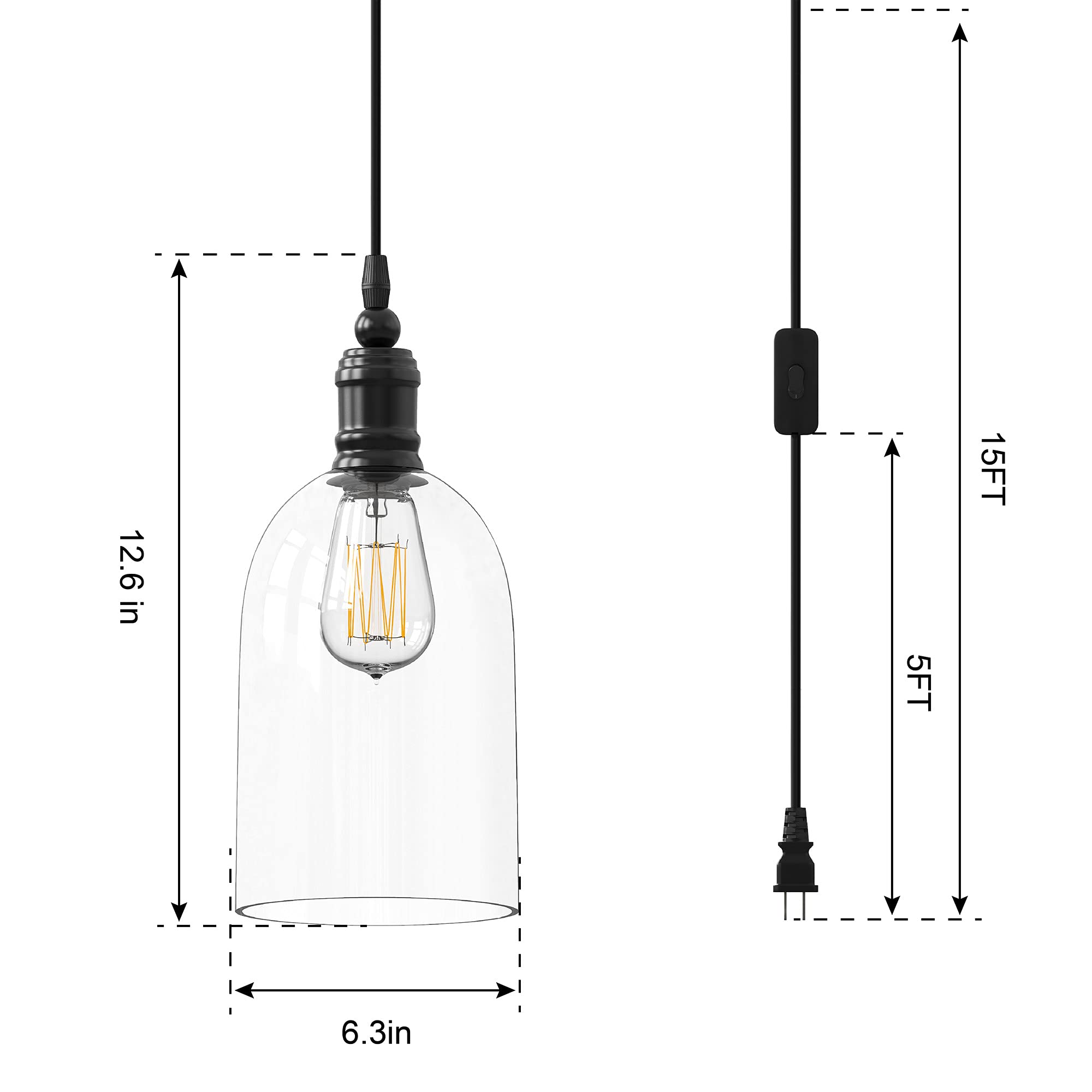 WINSOON Plug in Pendant Light, 15FT Cord On/Off Switch Hanging Light Modern Ceiling Lamp, Oval Clear Glass Shade for Kitchen Island Bedroom Living Dining Room