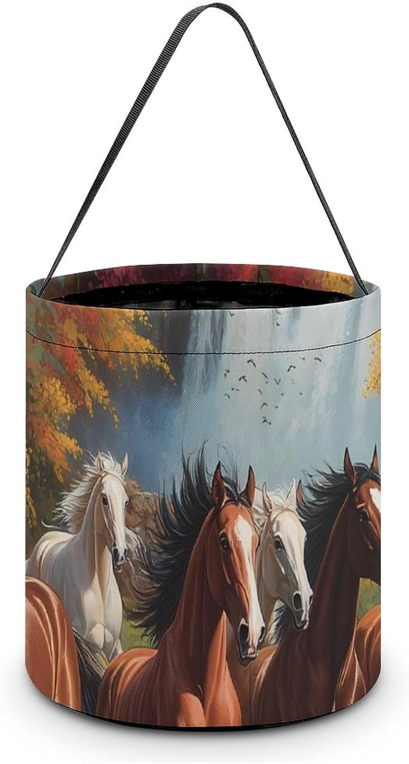 Horses Running River Autumn Easter Bags for Candy Funny Easter Egg Hunt Treat Goodie Bucket with Handles Party Gifts