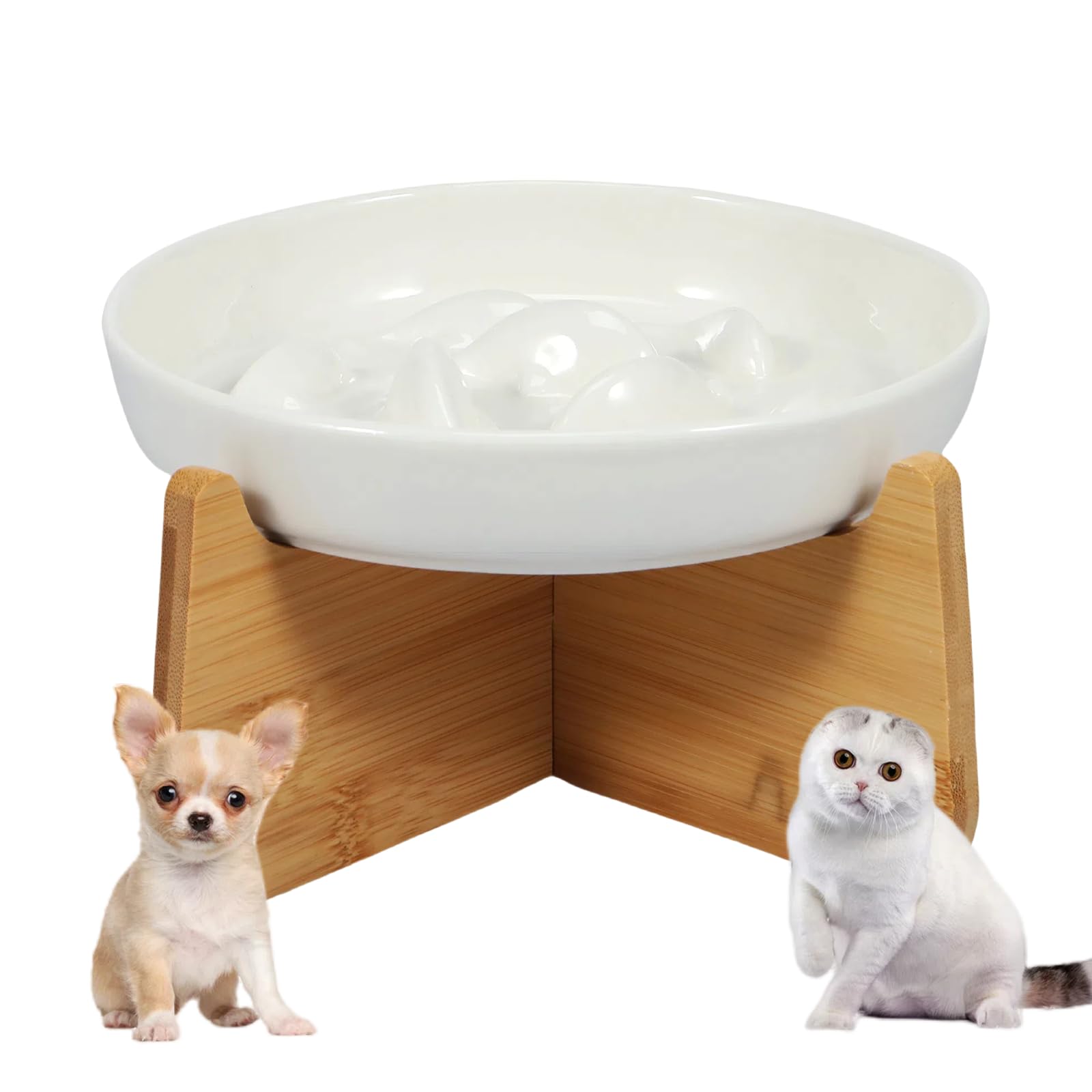 Cuenco antiglotón para gato de cerámica para gato elevado con base antideslizante, laberinto interactivo antiglotón, pequeño perro, plato de dieta para alimentación lenta, color blanco