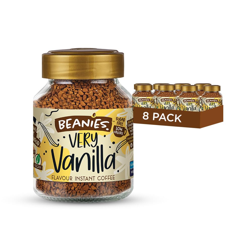 Beanies Instant Coffee with Very Vanilla Flavour, 400g (50g x 8 Pack) - Freeze-Dried Granules, Quick & Easy to Brew, Premium Taste,Rich in Flavour, Low-Calorie, Sugar-Free, Vegan