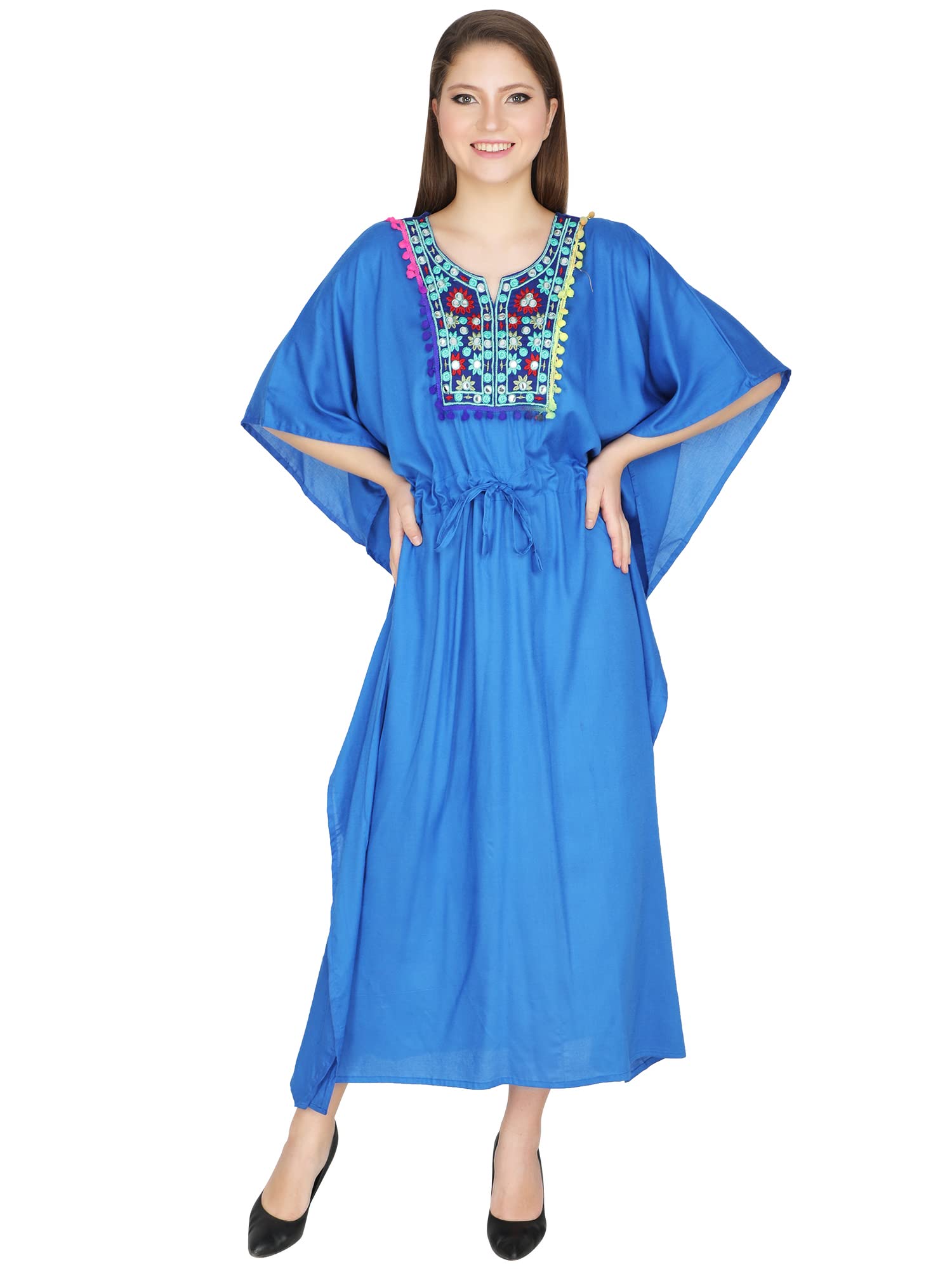 ukal Women’s and Girl’s Summer Embroidery Short Sleeve Bikini Swimsuit Cover Up Maxi Kaftans Beach Dress (X-Large, Sky Blue)-picture-48