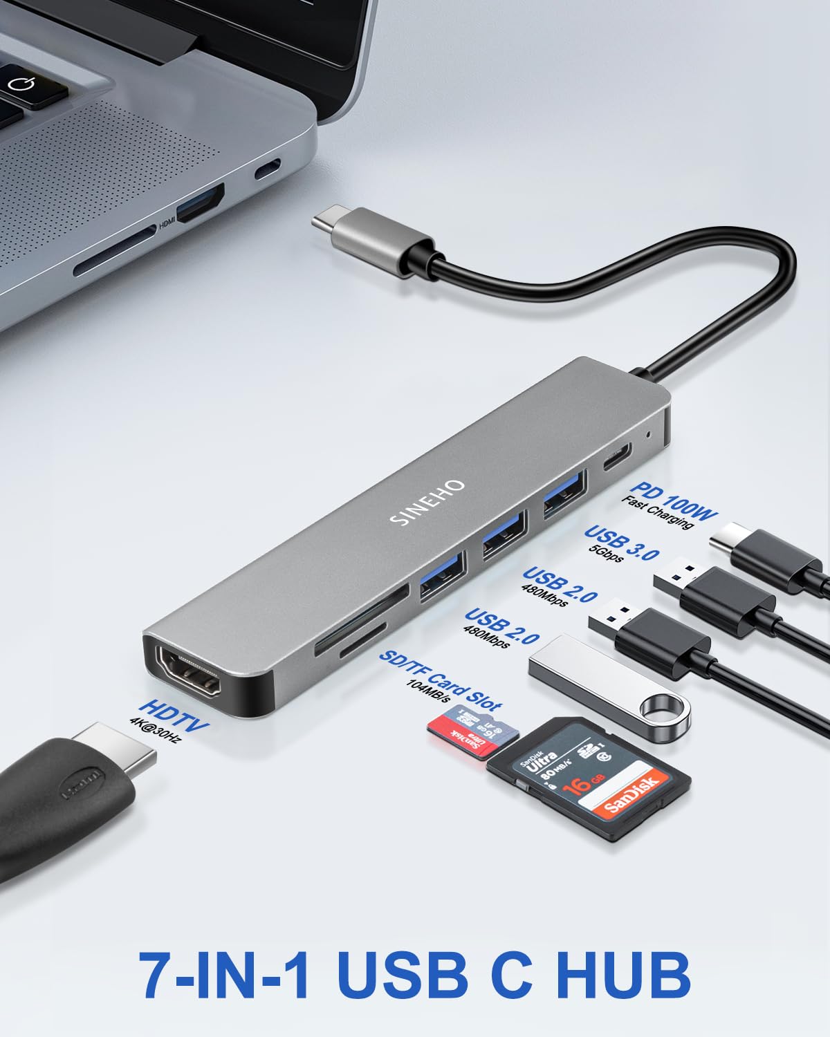 Hub USB C 7-en-1, Adaptateur USB C HDTV 4K 100W PD 3 Ports USB-A Lecteur de Cartes SD/TF