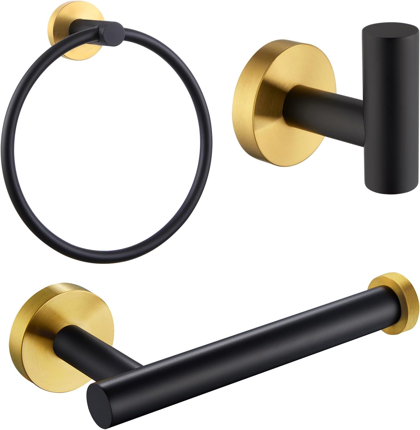 APLusee Black Gold Solid Stainless Steel Toilet Paper Holder & Round Towel Ring, 304 Stainless Steel Towel Hook for Bathroom Bundle, Wall Mounted
