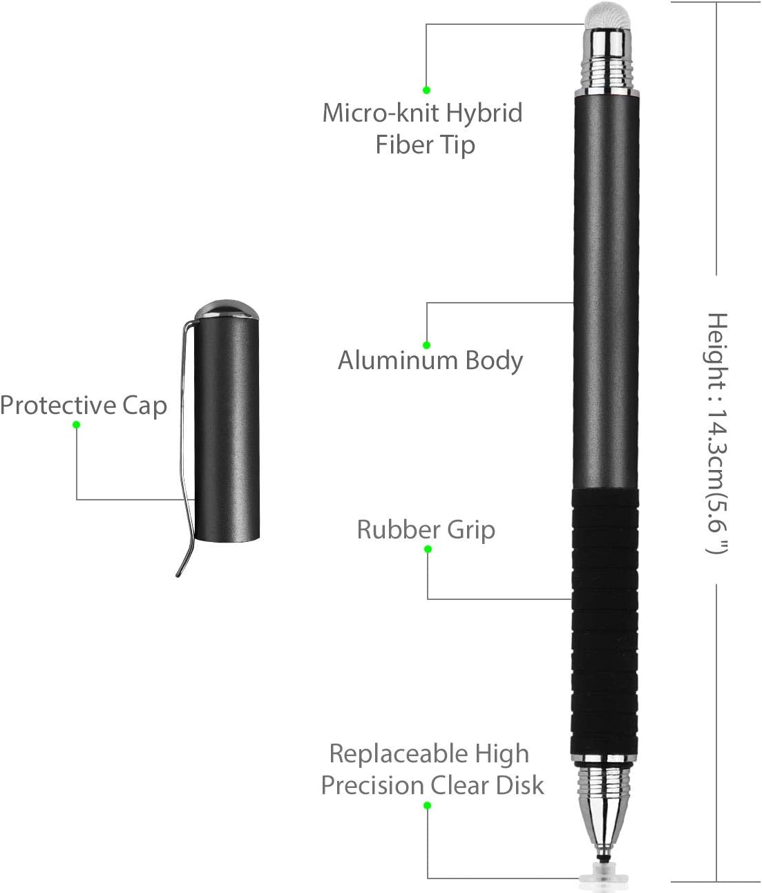 Capacitive Stylus for iPad, 2 in 1 Stylus for Touch Screens with 6 High Sensitivity Replacement Discs and 3 Nanofiber Tips, Universal for Apple/iPhone/iPad Pro/Mini/Air/Android/Microsoft/Tablet