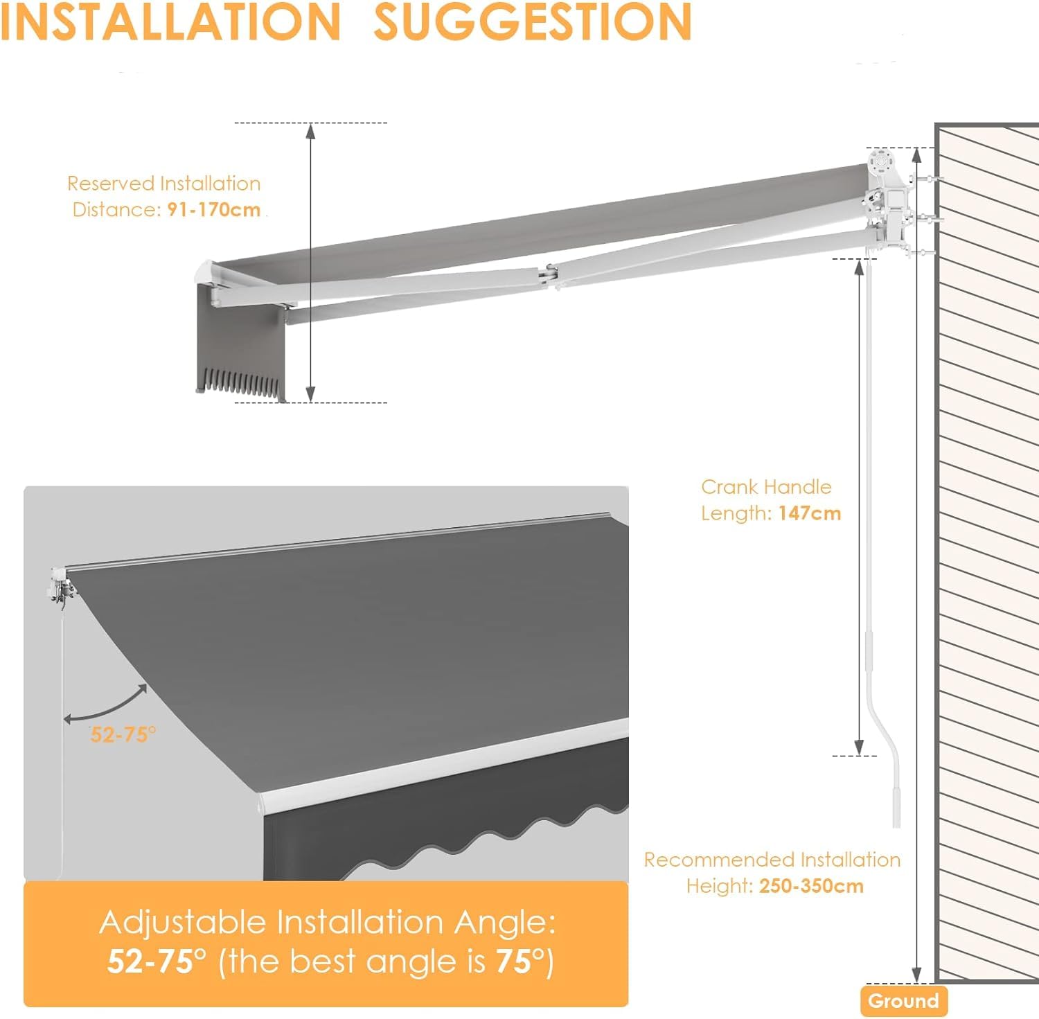 Tenda da sole snodata manuale, 250 x 200 cm, regolabile, resistente ai raggi UV, antipioggia, per terrazze esterne, balconi, antracite
