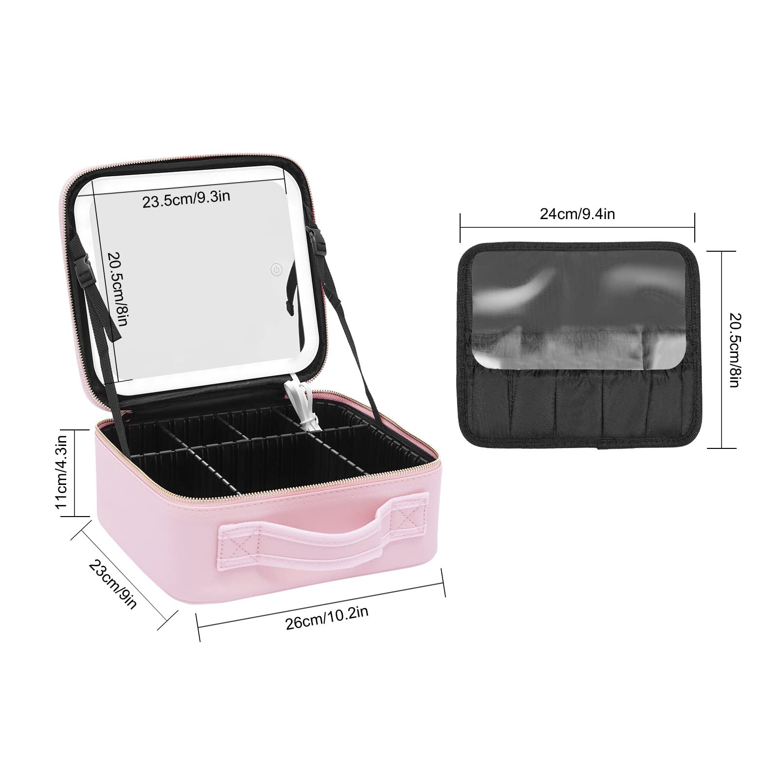 Kosmetyczka, kosmetyczka z oświetleniem w 3 kolorach, kuferek na kosmetyki z lustrem, damska podróżna kosmetyczka, pusta, 26 x 23 x 11 cm, Rosa, Nowoczesny