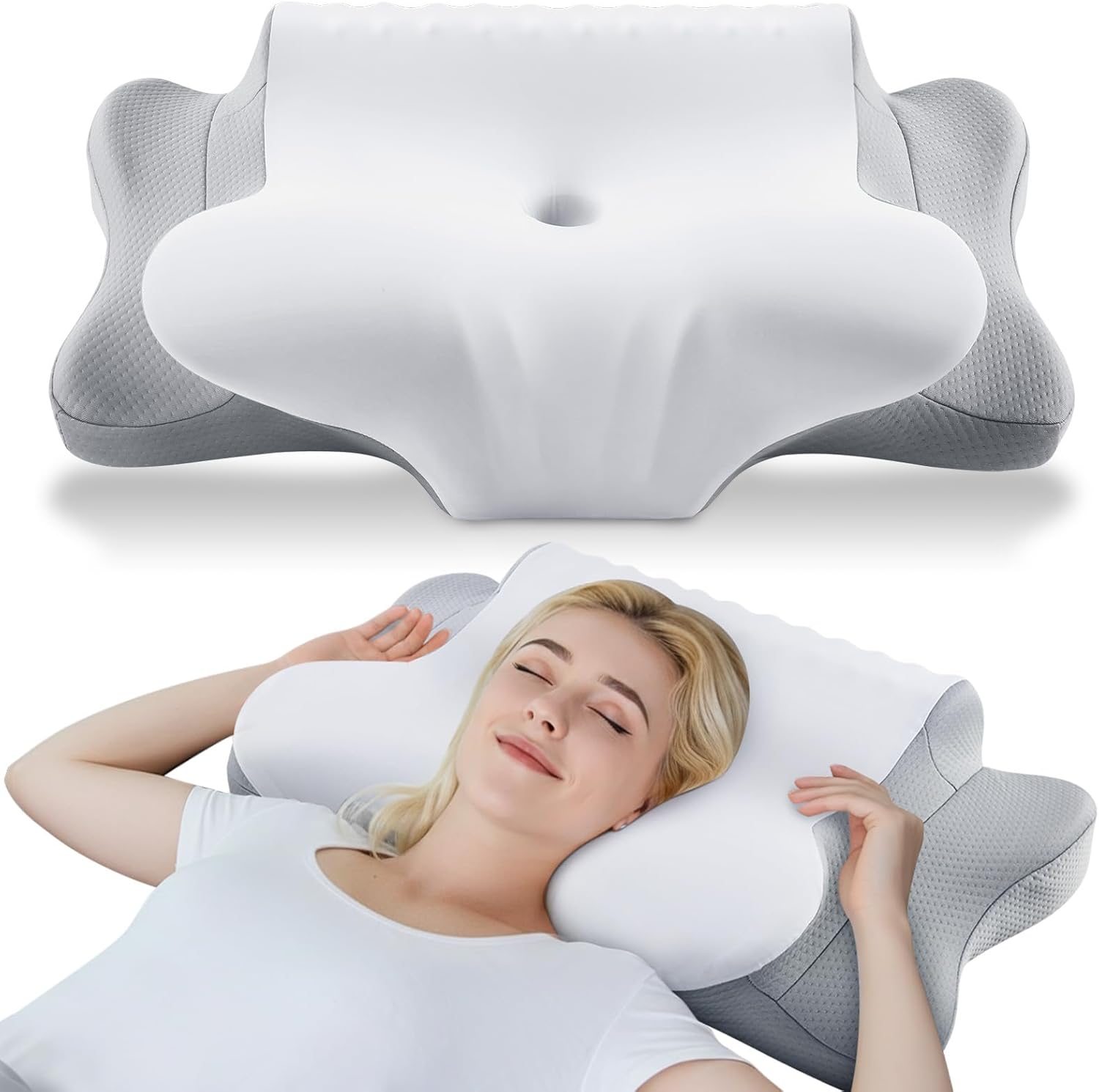 Cervical Pillow for Neck Pain Relief - Cooling Ergonomic Dual-Sided Orthopedic Neck Pillow with Ice Silk Pillowcase, Breathable Memory Foam Contour Pillow for Side, Back, Stomach Sleepers
