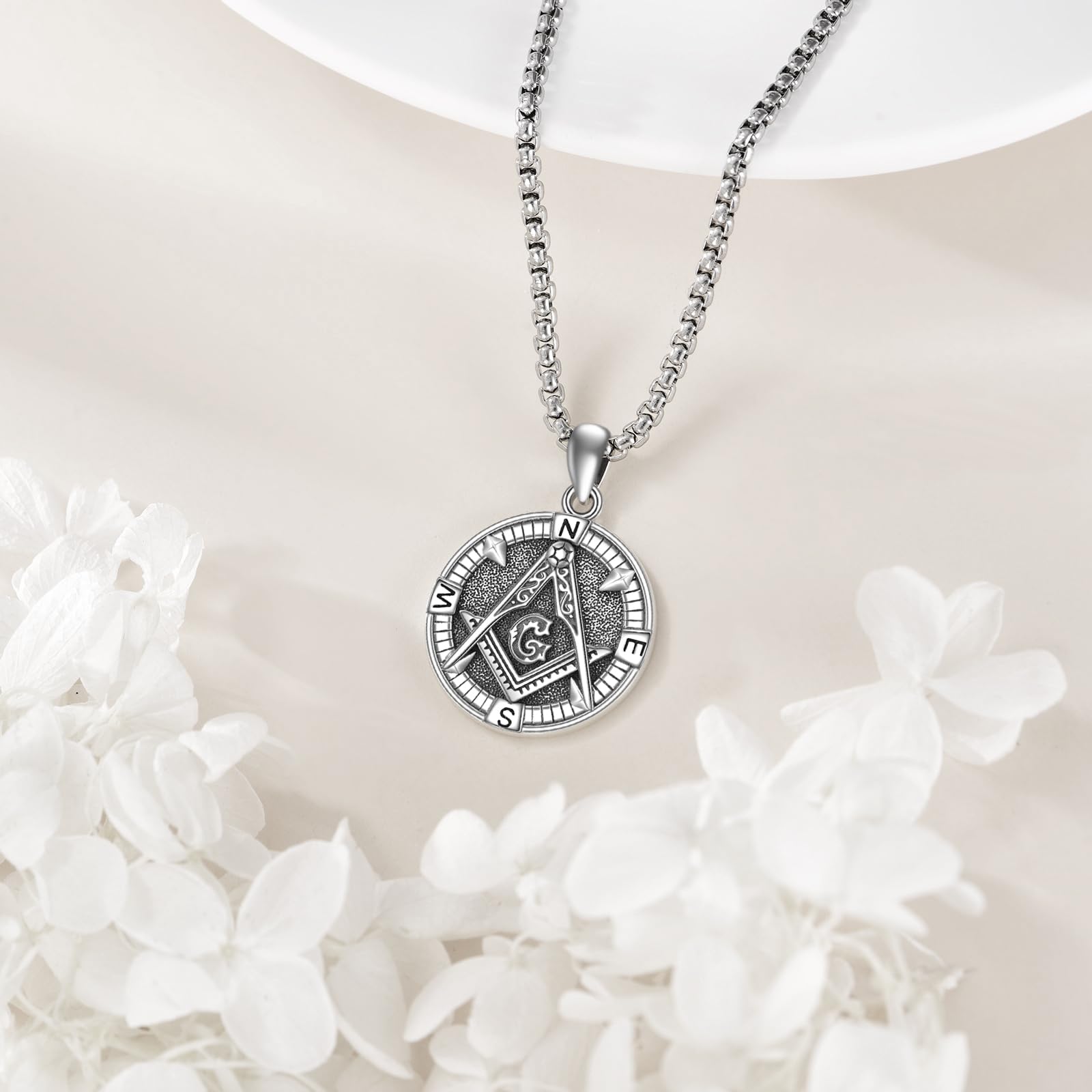 ONEFINITY Collar masónico de plata de ley 925 con colgante de brújula masónica, collar de masonería, símbolo de masón, joyería para hombre, talla única, Plata, No es una piedra preciosa