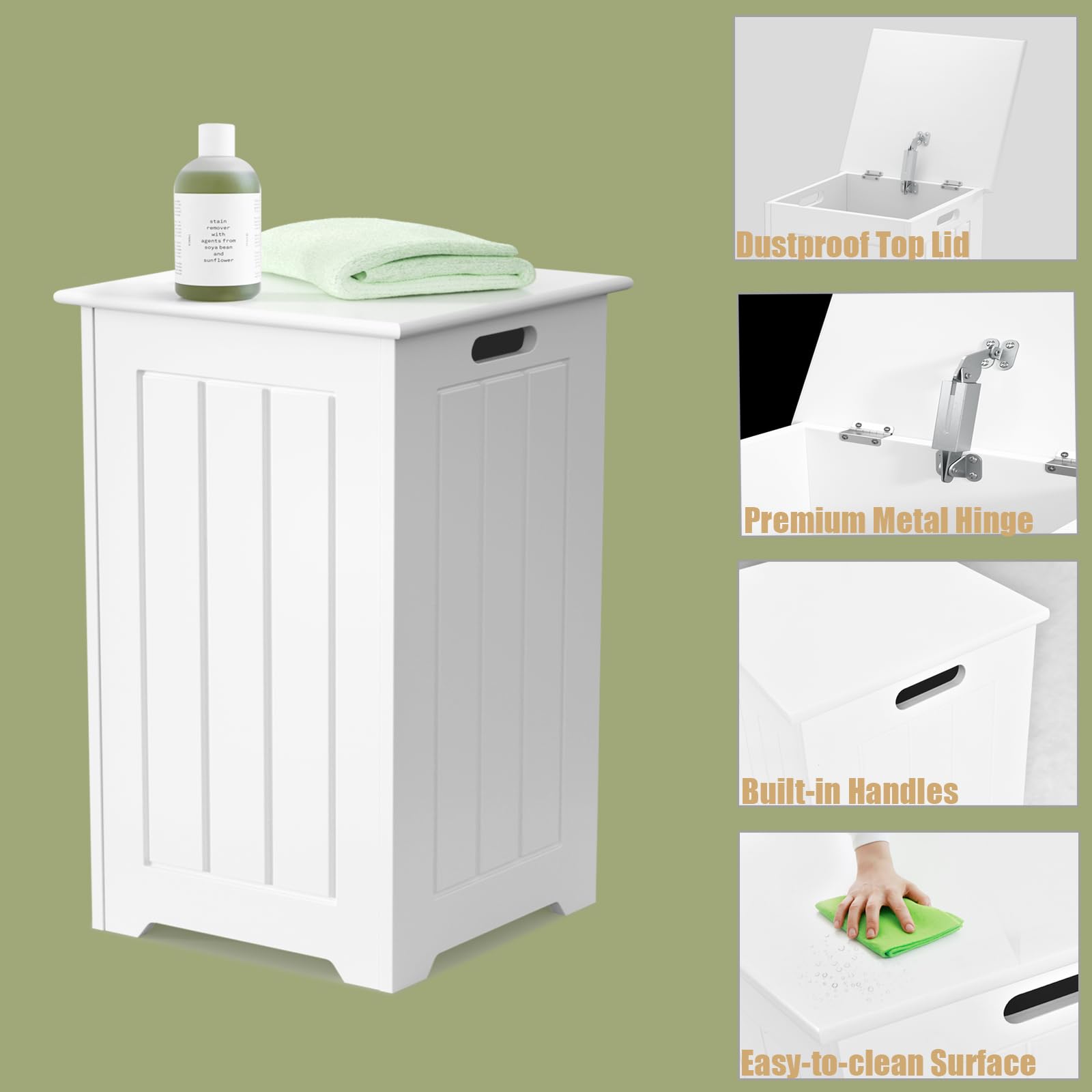 HOMASIS 35L/28L Secchio per Lavanderia da Bagno, Cesto Portabiancheria con Coperchio in Legno, Cesta Panni Sporchi Salvaspazio per il Bucato, 30 x 30 x 61 cm, Bianco (Modello 2, con Tasca)