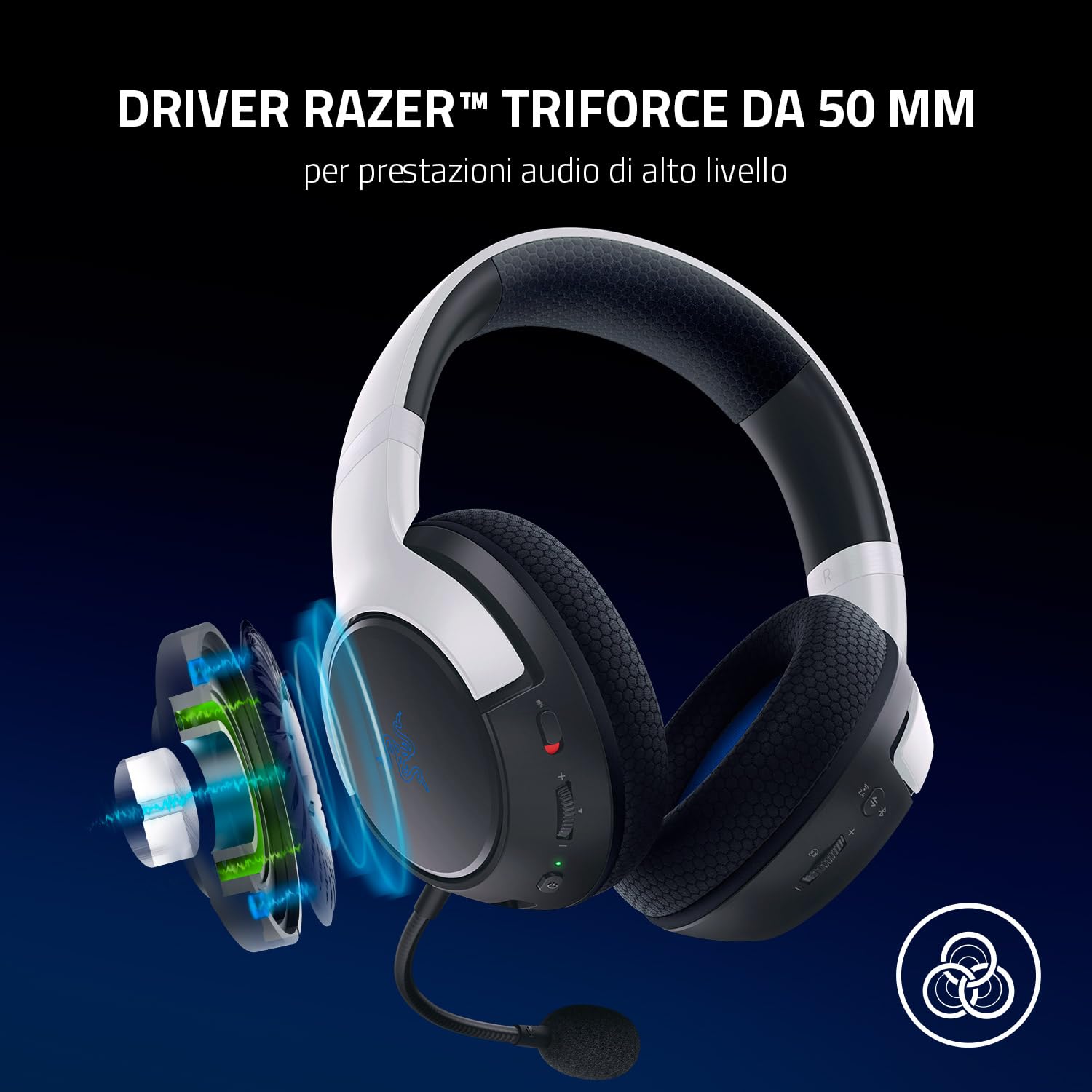 Razer Kaira per Playstation - Doppia Cuffia Wireless per PlayStation 5 - Driver TriForce da 50mm - Microfono Cardioide HyperClear - SmartSwitch - Schiuma di Memoria FlowKnit, Nero-Bianco