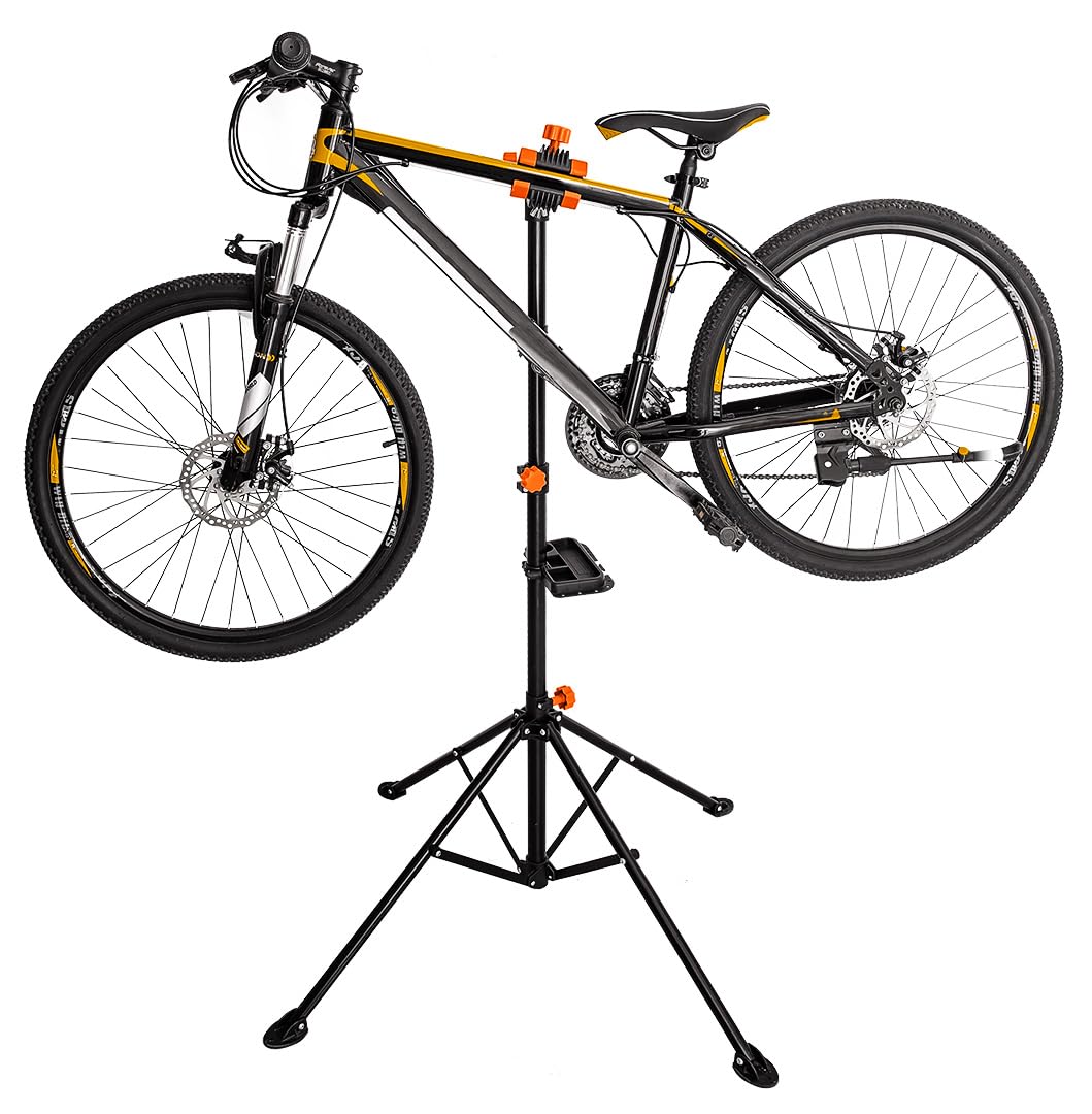 NEO TOOLS Stojak serwisowy do roweru, maksymalne obciążenie: 30 kg, półka na narzędzia, regulacja wysokości i odległości nóg za pomocą pokręteł, w zestawie drążek teleskopowy do usztywnienia