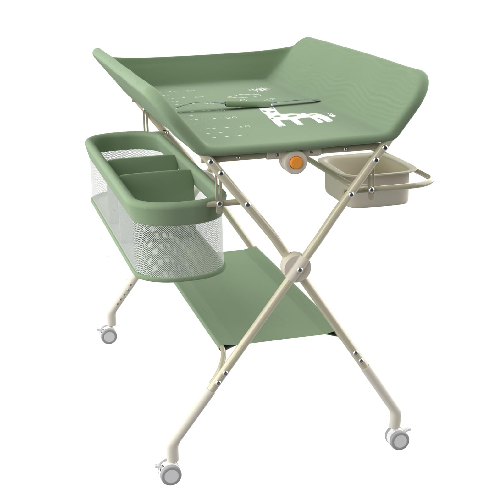 3 in 1 Wickeltisch klappbar, mobile Wickelkommode mit Rollen, Wickelstation höhenverstellbar, tragbare Wickelauflage bis 25 kg Belastbar,75 x 68 x 83–91 cm (A) (Grün)