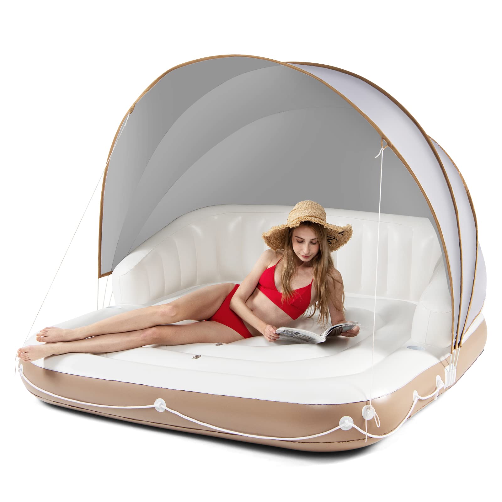 GOPLUS Colchoneta Hinchable Piscina y Playa, Tanning Pool con Toldo Retráctil y Desmontable UPF50+ para 2 Adultos, Hasta 200 kg, Flotador Tumbona Inflable con 2 Portavasos, 180x180x160cm