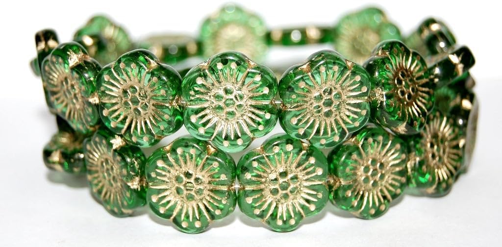 Outlet 10 Grams Flower Pressed Glass Beads, 18 x 18 mm, Emerald Green Gold Lined (50120-54202), Glass, Czech Republic