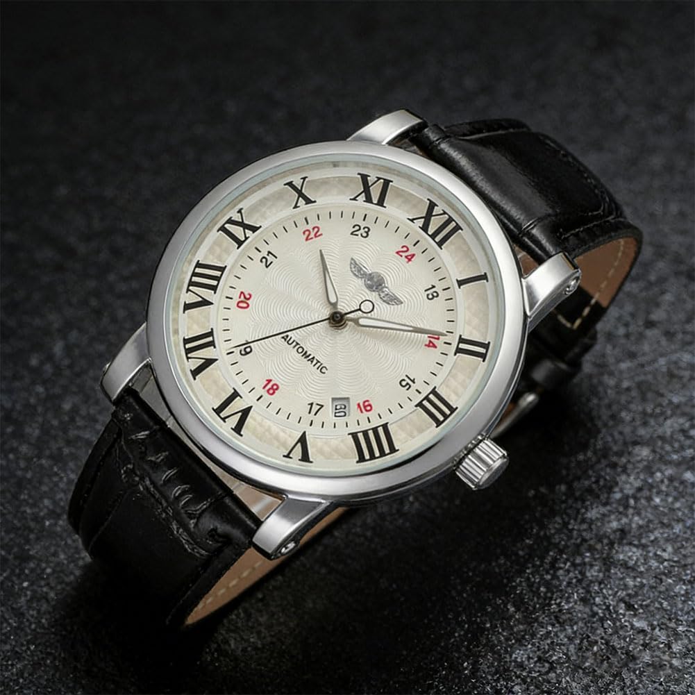 AMONIDA Orologio Meccanico Automatico da Uomo, Orologio con Quadrante con Numeri Romani, Cinturino in Pelle PU con Design da da Polso, Ideale per la Famiglia e gli Amici