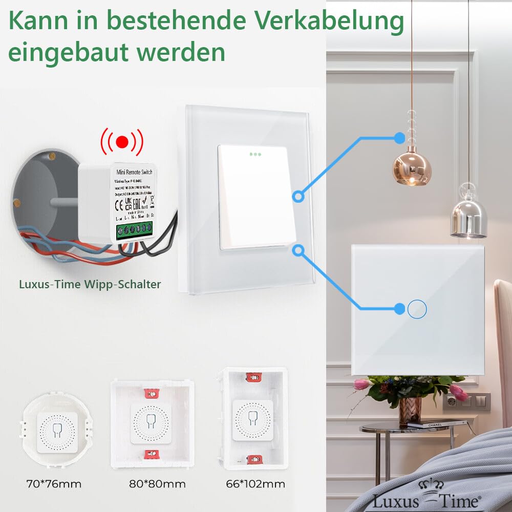 Luxus-Time Funk Lichtschalter Wandsender Empfänger für Lampen ohne Schalter zum Nachrüsten Kabellos Batterie Schalter Fernschalter Touch GWEN (2x Empfänger + 2-facher Lichtschalter Weiß GWEN)