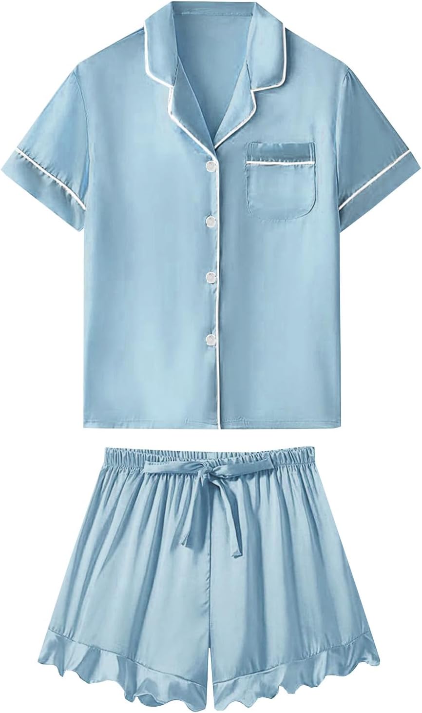 Satin Pajamas sets for Women 2 piece Sleepwear Collared Button Down Short Sleeve and Ruffle Shorts Pjs Set Loungewear