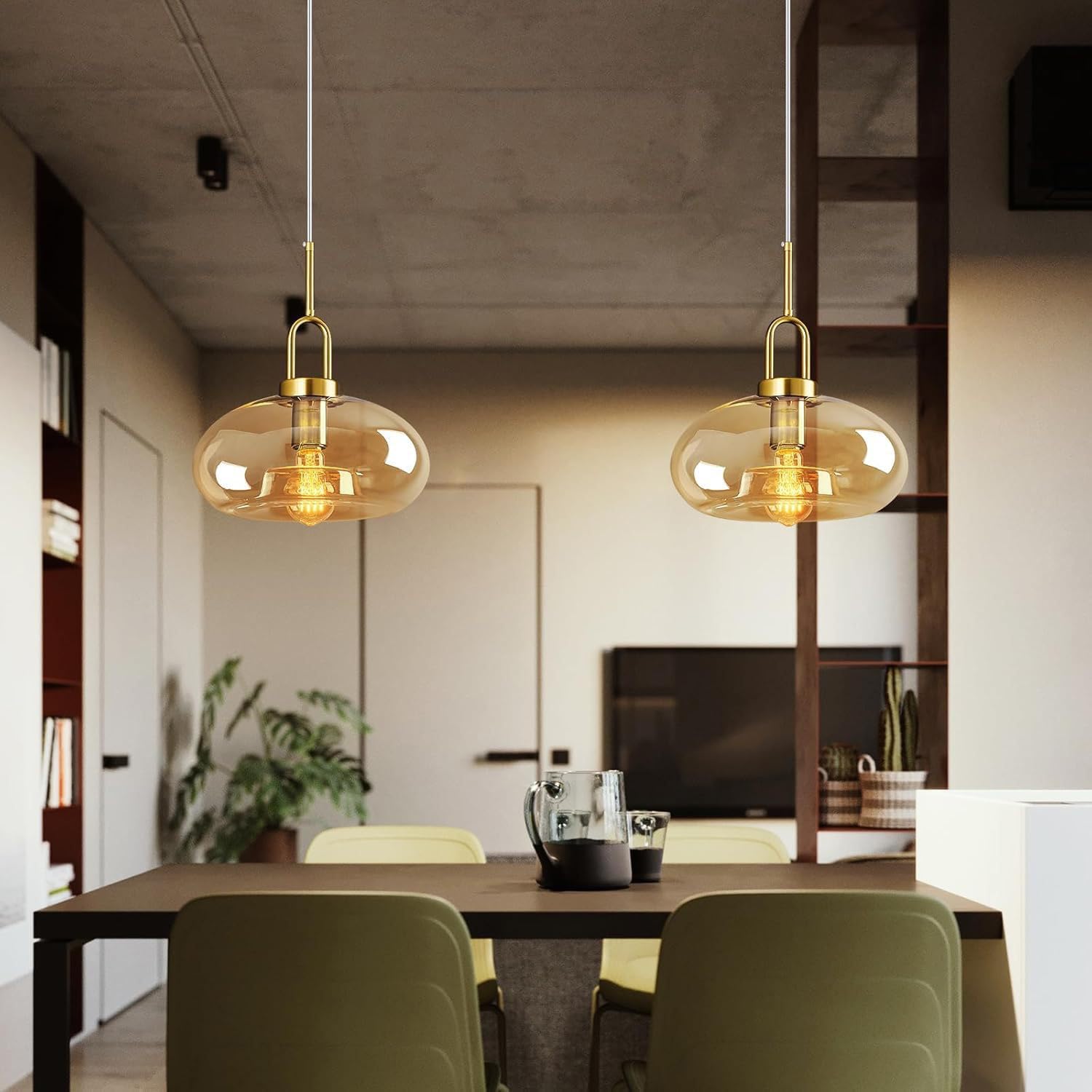 Modern Glass Pendant Light Fixtures 1-Light Adjustable Gold Kitchen Island Hanging Lights Amber Glass Shade E26 Base Mid Century Pendant Lamps for Living Room Dining Room, Vintage Pendant