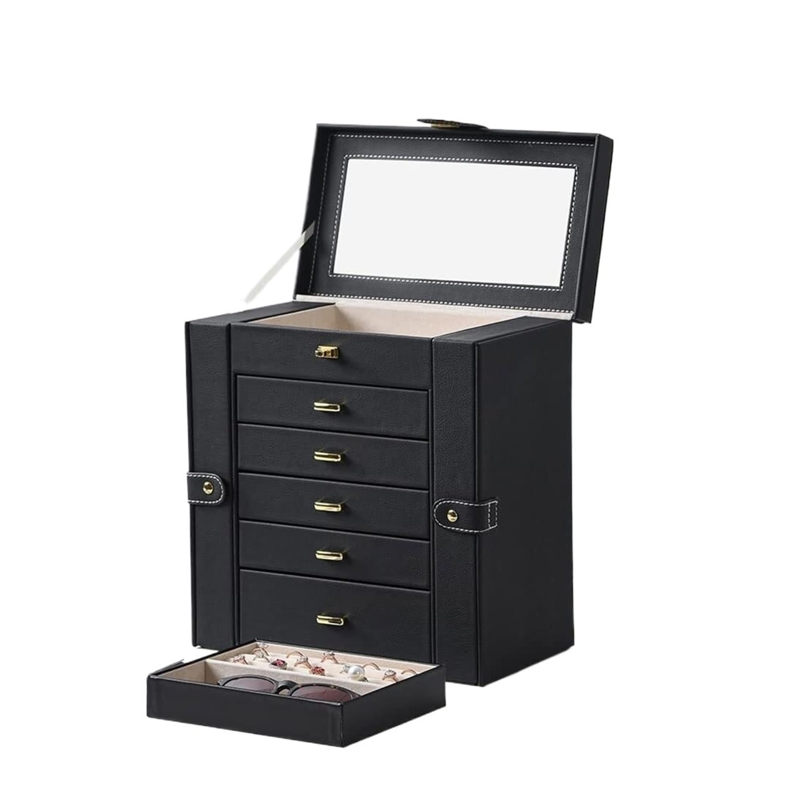 Boîte à bijoux en cuir PU noir grand volume pour collectionneuse exigeante