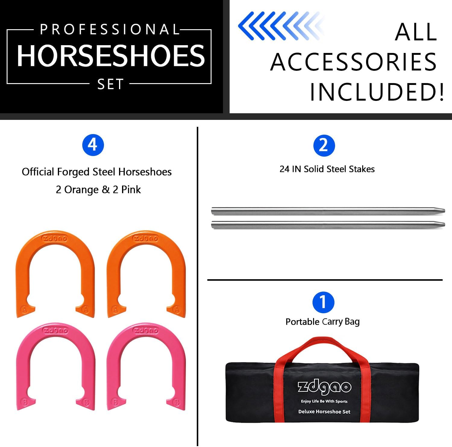 Horseshoes Outside Game Set-Portable Outdoor Horseshoe Set Includes 4 Professional Solid Steel Horseshoes with Solid Steel Stakes & Carrying Bag, Perfect for Backyard and Beach