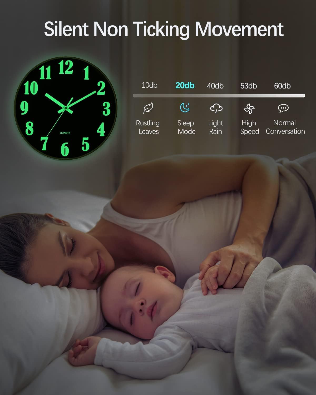 JoFomp Świecący w ciemności zegar ścienny 36 cm nowoczesny cichy bezgłośny zegar ścienny na baterie lampka nocna dekoracja salonu dekoracja do kuchni sypialni
