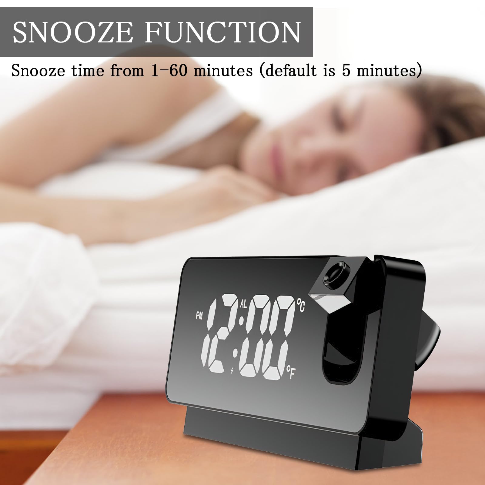 TNSLAND Reloj Despertador con proyección, Despertador con proyección de 180 °, Reloj Despertador LED, Reloj Digital, Reloj Digital con repetición de Doble Gong, Temperatura, Puerto USB, función