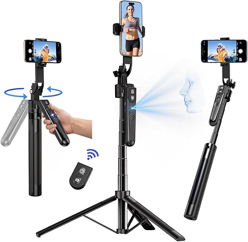 yAyusi Auto Face Tracking Tripod 360° Rotation with Stand, 70.9'' Motion Sensor Phone Tripod Stand, No App, Gesture Control, Smart Face Body Auto Tracking Selfie Stick Tripods for Video Record