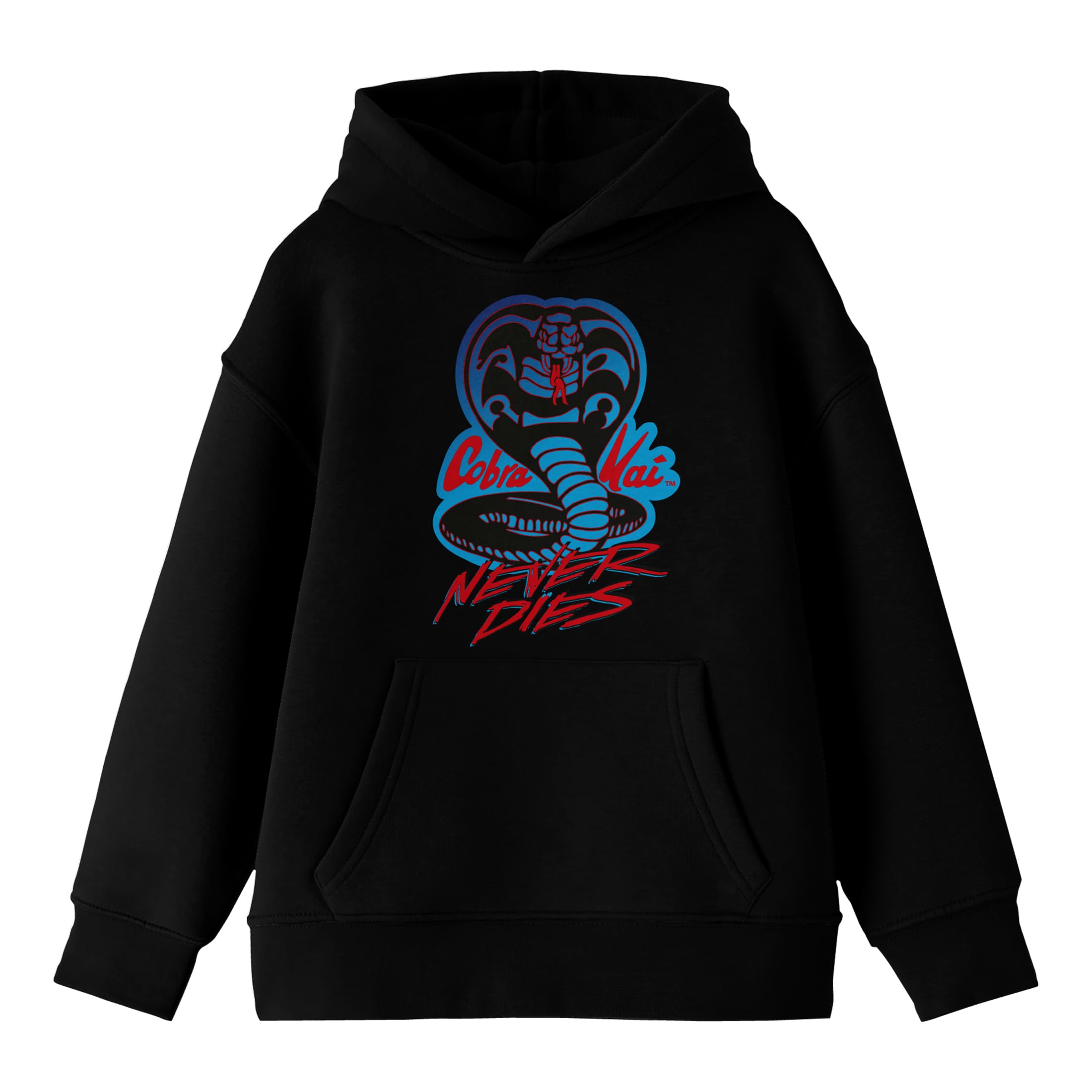 Bioworld Cobra Kai Never Dies Neon Logo Long Sleeve Youth Black Hooded Sweatshirt