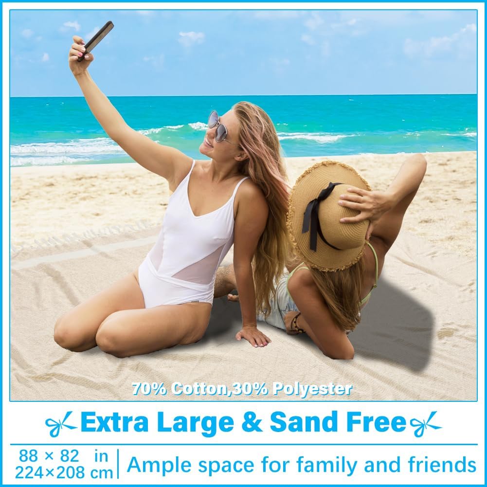 Oversized Turkish Beach Towel Blanket XXL Cotton Sandproof Towels Boho Woven Extra Large Big Sand Free Giant Throw Blankets Huge Quilt XL Picnic Camping Necessities Cloud For Adult Gifts Beige - Image 2