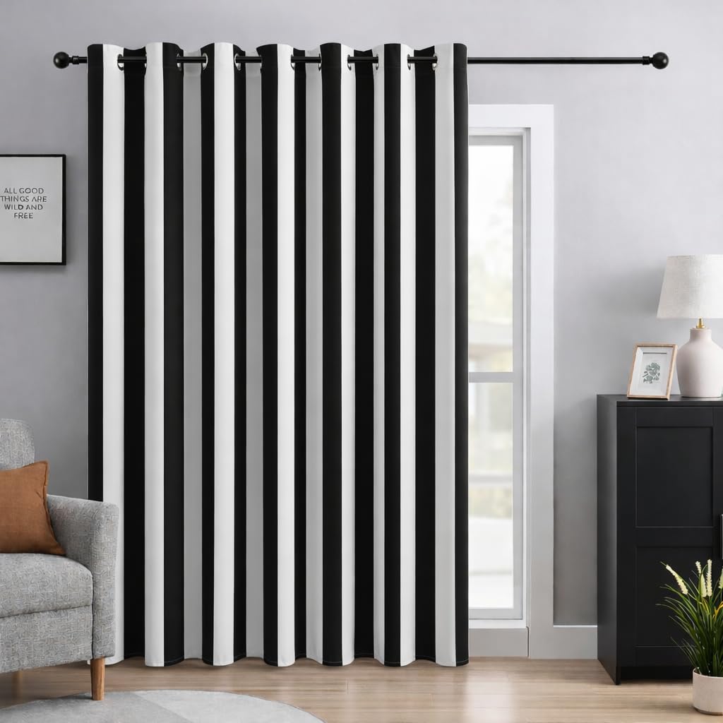 BOHOMOCASA Black and White Striped 100% Blackout Sliding Door Curtains, Thermal Insulated Noise Reducing Room Divider Curtain for Patio Door, Modern Vertical Stripe Wide Drapes, 1 Panel, W100รL84 โ image 1